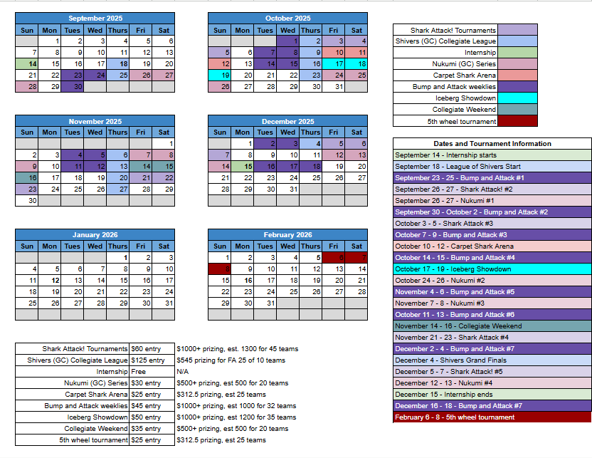 Shark Attack calendar overview for Fall 2025